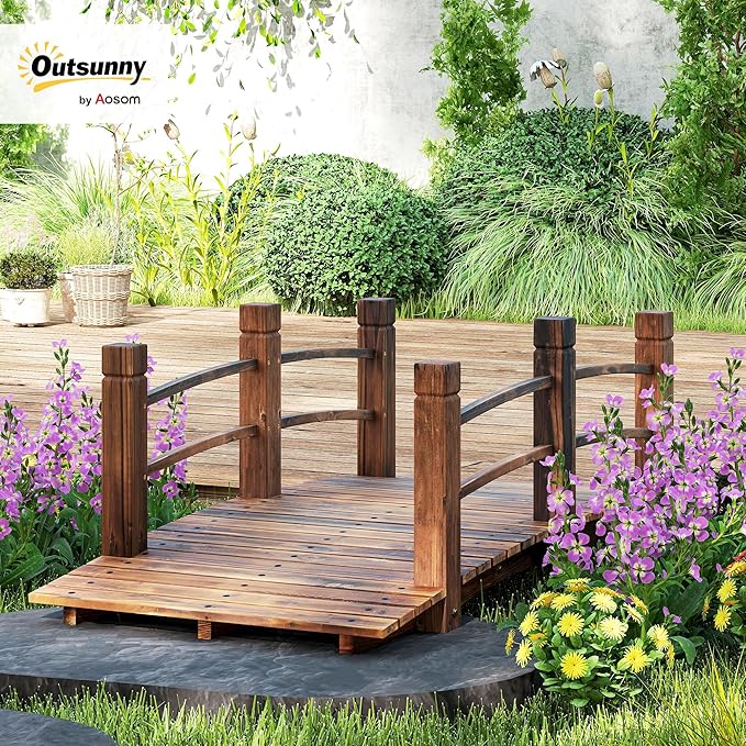 Outsunny Fir Wood Garden Bridge Arc Walkway with Side Railings for Backyards, Gardens, and Streams, Stained Wood, 60" x 26.5" x 19"
