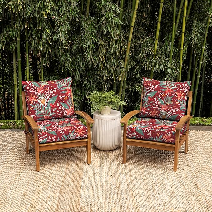 ARDEN earthFIBER Outdoor Foam Deep Seat Cushion Set, 24 in x 24 in, Weather-Proof, Rain-Proof, Fade Resistant Patio Cushion, Bottom and Back Cushion for Chair, Sofa, and Couch Luau Red Tropical Floral
