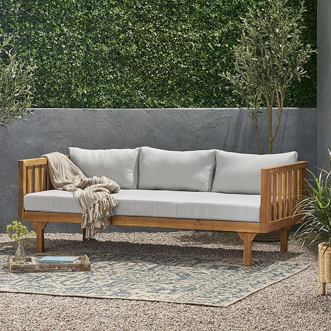 LUMISOL Outdoor Acacia Wood Daybed, Patio 3-Seater Sofa with Water-Resistant Cushions, Patio Outdoor Daybed with Slatted Armrests & Wood Legs for Backyard, Deck, Poolside, Teak