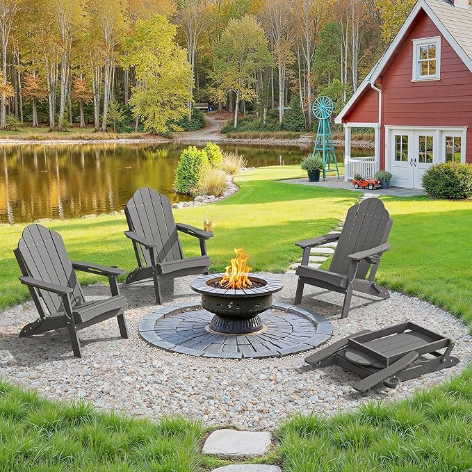 LUE BONA Folding Adirondack Chair, Chairs Set of 2, Cup Holder, Woodgrain, Fire Pit, Patio, Pool, Dark Grey