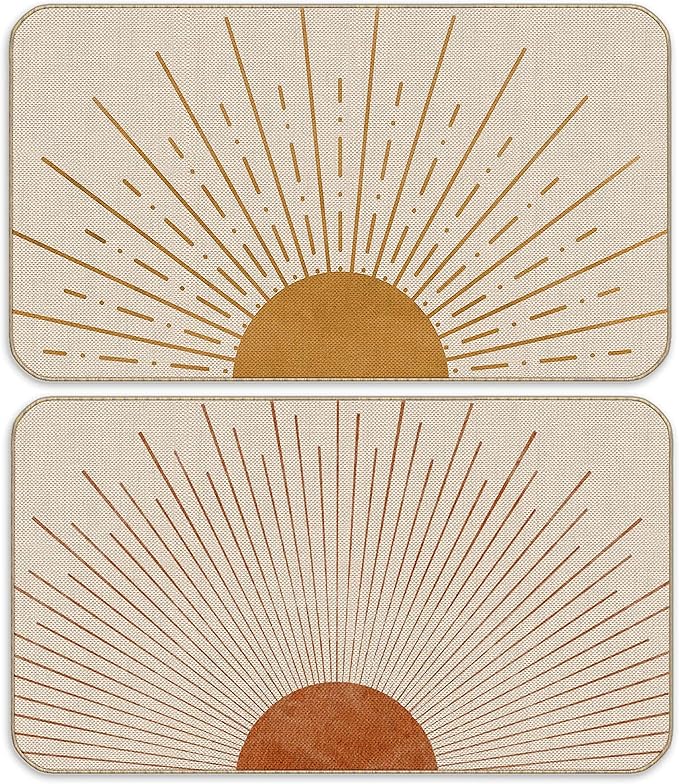 Nogrit Boho Welcome Door Mat Outdoor 17x30 Set of 2 Abstract Boho Sun Sunrise Sunset Sunshine Mid Century Modern Decor Doormat Indoor Entrance, Non Slip Kitchen Doormat