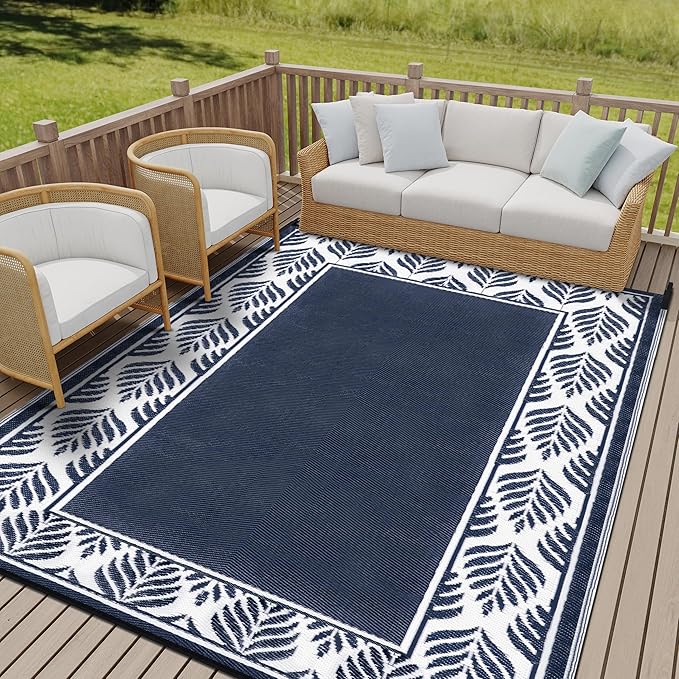 HUGEAR Outdoor Plastic Straw Rug, Waterproof Mat, Washable Large Floor Mat and Rug for Outdoors, RV, Beach, Patio, Camping, Backyard, Deck, Picnic, Outside (Olive-Leaf/Dark Blue&White,9x12ft)