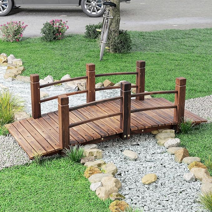 Outsunny Fir Wood Garden Bridge Arc Walkway with Side Railings for Backyards, Gardens, and Streams, Stained Wood, 60" x 26.5" x 19"