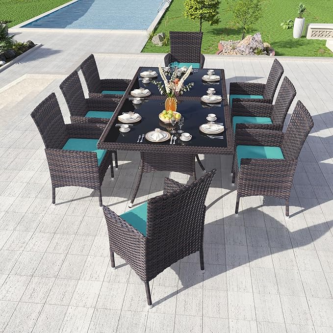 Kullavik 10-Piece Outdoor Dining Set Patio Rattan Furniture Set,Patio Dining Table and Chairs Set with 8 Chairs and Cushions,Square Glass Tabletop with Umbrella Hole for Patio,Blue