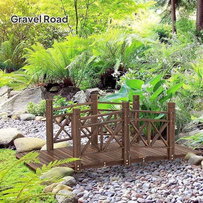 5FT Wooden Garden Bridge with Handrails, Decorative Landscape Footbridge for Yard, Pond, Farm or Creek - Rust-Resistant Cedar Construction, Easy Assembly & 300LB Capacity
