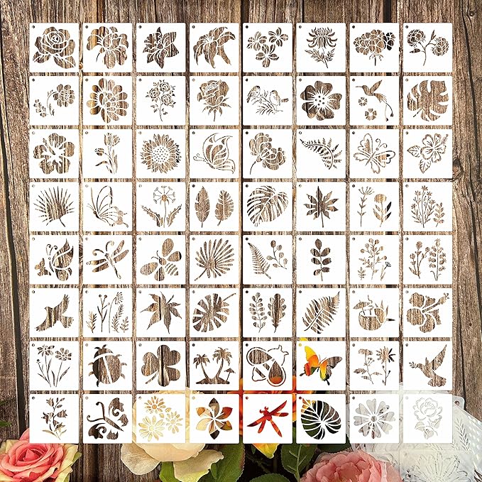 Flower Stencils for Painting, 64pcs 3 Inch Stencils for Crafts Rock Painting Stencils Plastic Reusable Stencils for Painting on Wood Wall Tile Home Decor