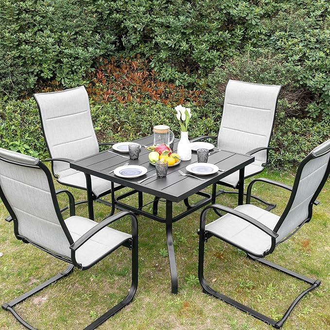 NUU GARDEN 5 Piece Outdoor Dining Set, 4 Textilene Dining Chairs and 37" Square Dining Table with 1.57" Umbrella Hole, for Backyard, Patio, Garden, Gray and Black