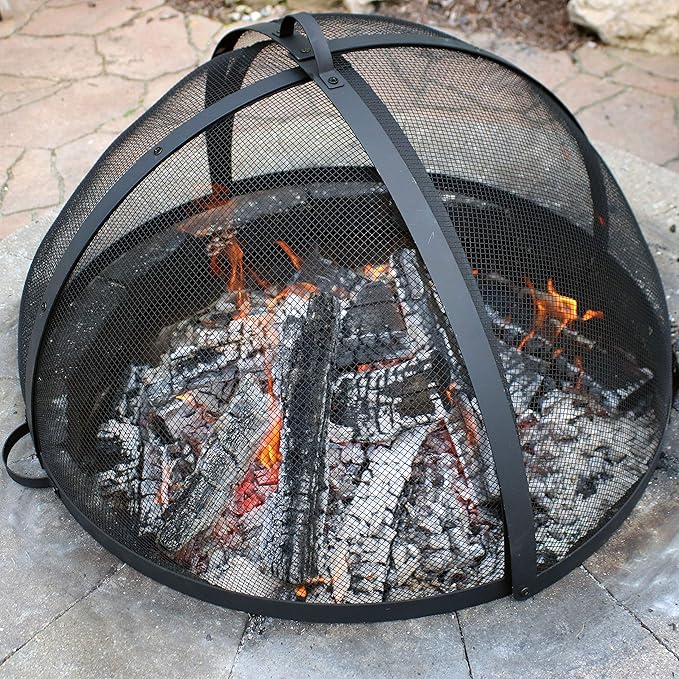 Sunnydaze Round Fire Pit Spark Screen Cover - Easy-Opening Outdoor Fire Pit Screen - Heavy‑Duty Steel Metal Mesh - 24" Diameter