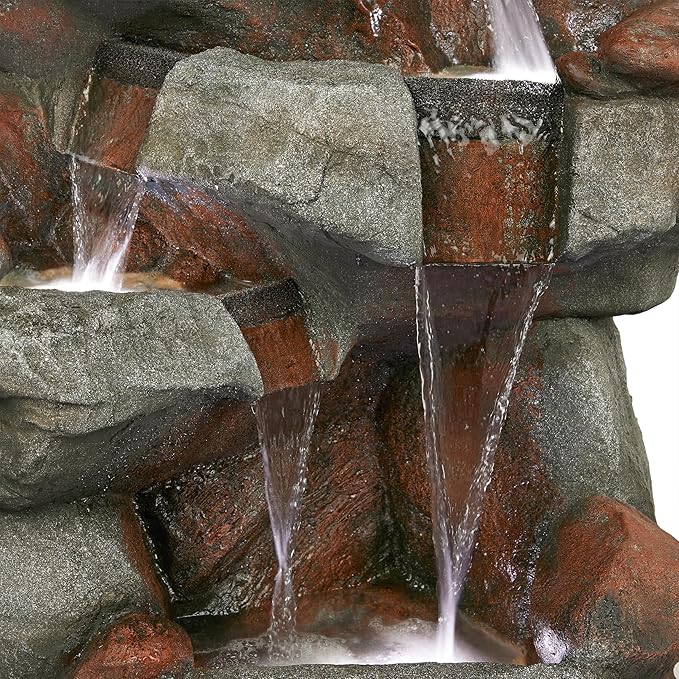 Alpine Corporation WIN1548 Outdoor Floor Cascading Stone Fountain with LED Lights, Tiered Garden Water Fountain, 53" H, Gray