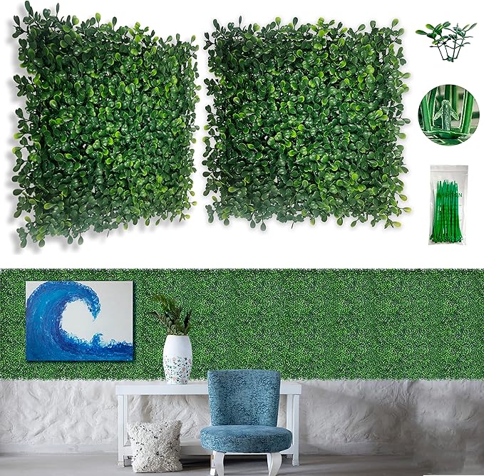 Bybeton Artificial Green Wall Panel,10"x 10"(24Pcs) Boxwood Faux Grass Wall Panels for Interior Wall, Backdrop Wall,Garden Wall and Indoor Outdoor Plant Wall Decor