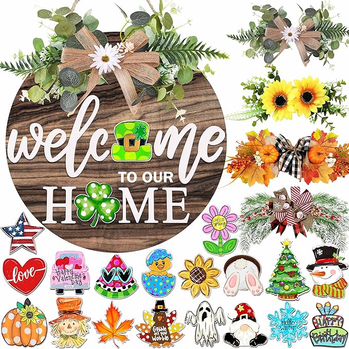 Interchangeable Welcome Sign for Front Door with 4 Seasonal Wreaths and 21 Changeable Icons, Farmhouse Rustic Outdoor Welcome Signs Porch, Holiday Spring Summer Winter Fall Decorations for Home Gifts